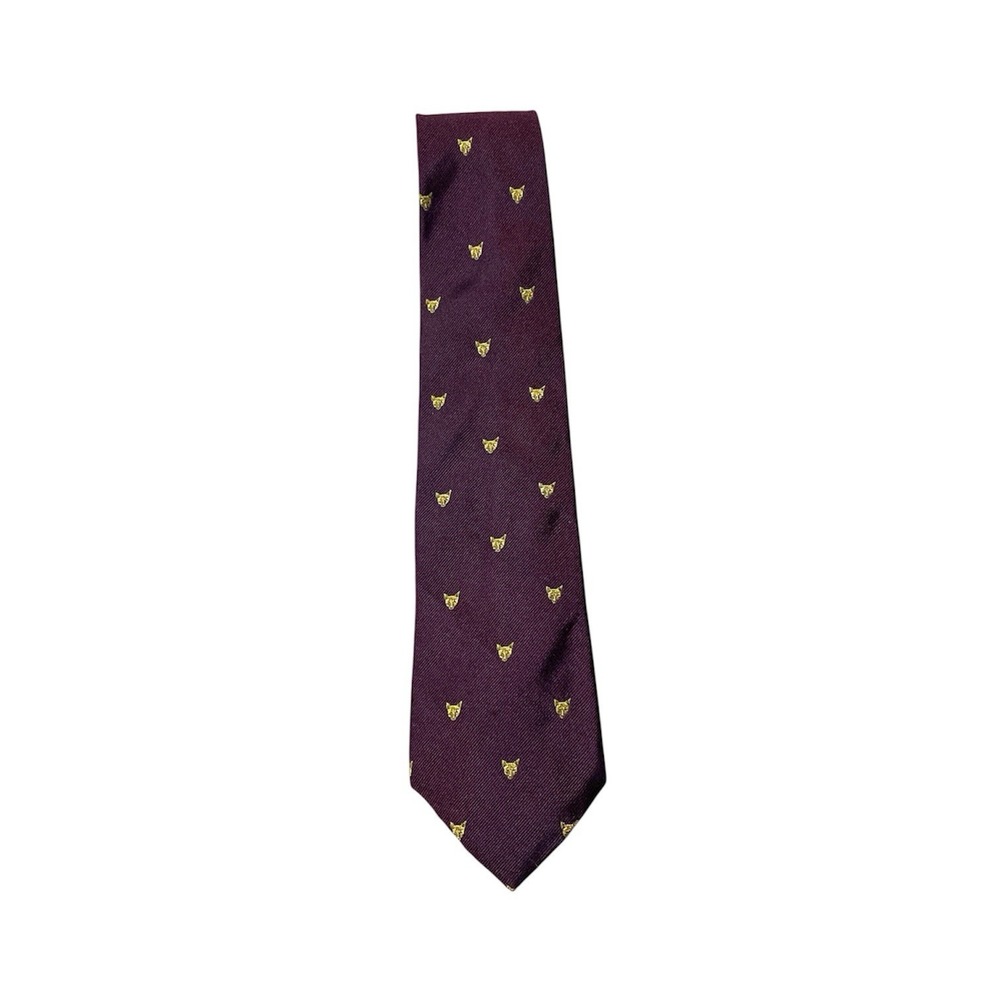 Polo by Ralph Lauren Hand Made Twill Tie Burgundy Gold Wolf Motif Made In Italy